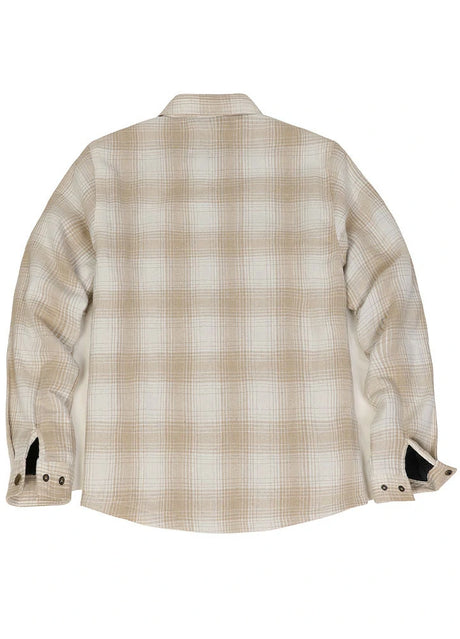 Back view of desert glow men's sherpa lined flannel shirt jacket