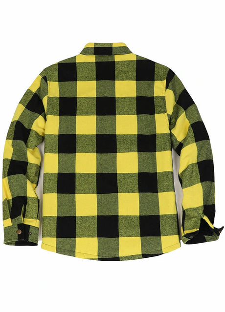 Back view of yellow black men's snap front cotton flannel shirt jacket