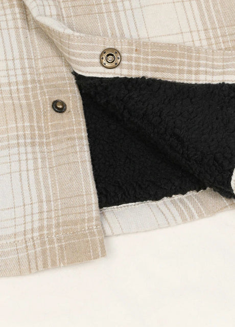 Close-up of snap button of desert glow men's thick flannel jacket with sherpa lining