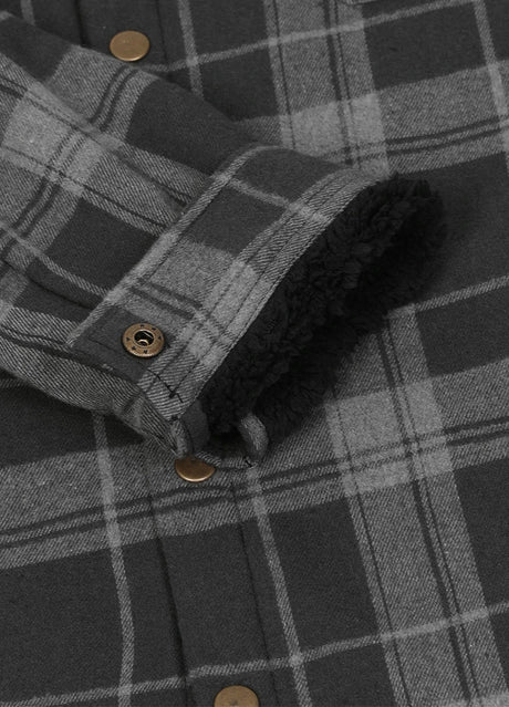 Close-up of the cuff of nightfall men's thick flannel cotton jacket with sherpa lining 