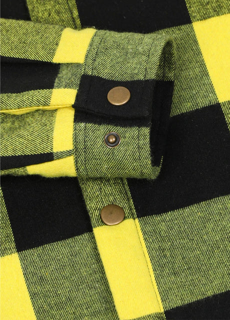 Close-up of the cuff of yellow black men's thick flannel cotton jakcet with sherpa lining 