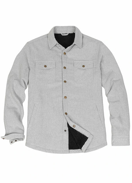 Front view of snap button closed ash men's snap button cotton flannel jacket