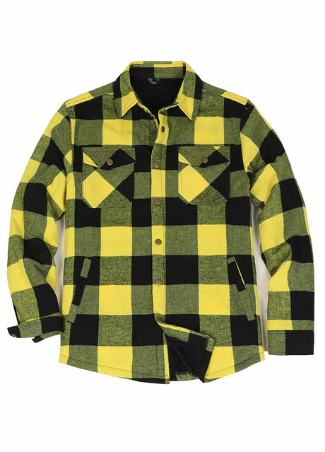 Front view of yellow black men's snap button cotton flannel jacket with snap button closed