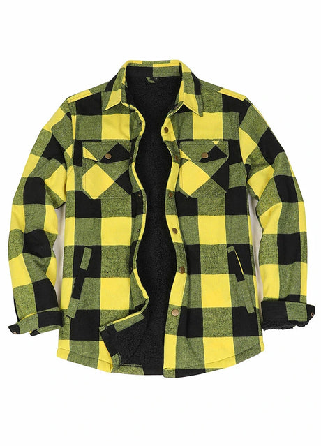 Front view of yellow black men's snap button flannel checked jacket