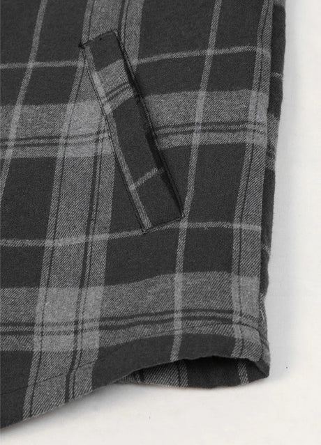 Close-up of the hand pocket of nightfall men's warm flannel jacket with sherpa lining