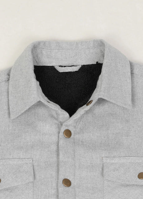 Close-up of the lapel of men's sherpa lined flannel plaid jacket