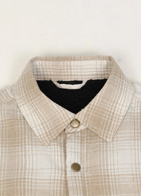 Close-up of the lapel of desert glow men's sherpa lined flannel plaid jacket