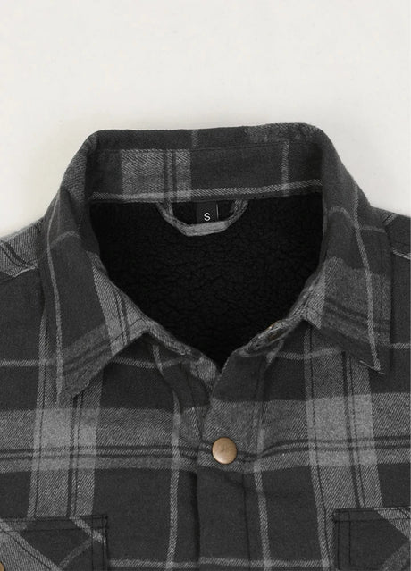 Close up of the lapel of nightfall men's sherpa lined flannel plaid jacket