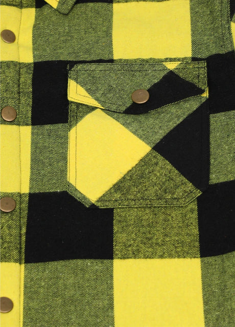 Close-up of the pocket of yellow black men's sherpa lined thick flannel cotton jacket