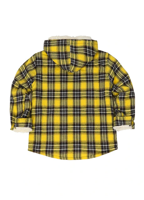 Back view of kids autumn grid plaid flannel with hood