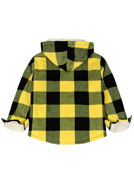 Back view of boys yellow black flannel jacket