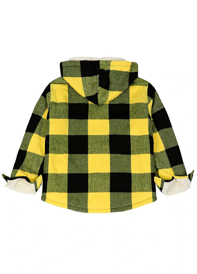 Back view of boys yellow black flannel jacket