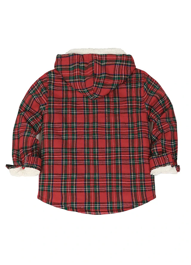 Back view of boys thick plaid flannel with hood