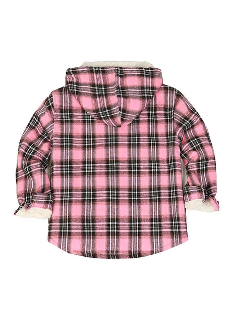 Back view of kids flannel jacket with hood