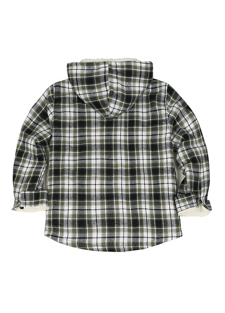 Back view of boys noir green flannel shirt jacket