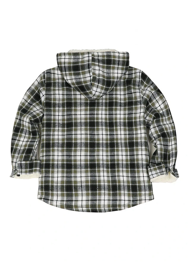 Back view of boys noir green flannel shirt jacket