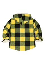 Back view of boys yellow black flannel jacket with hood