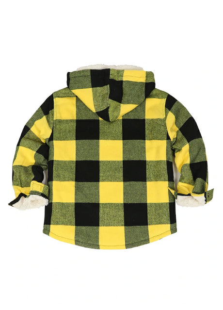 Back view of boys yellow black flannel jacket with hood