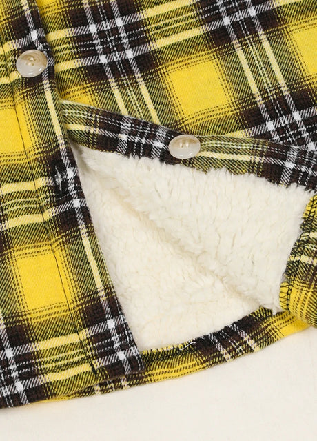 Close-up of kids flannel plaid jacket with buttons