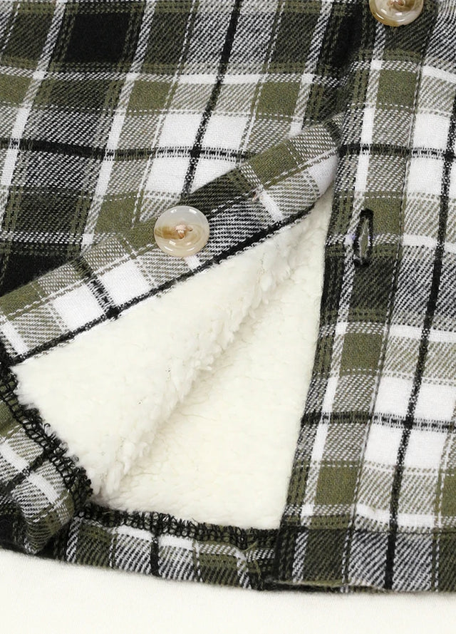 Close-up of boys thick flannel jacket with buttons