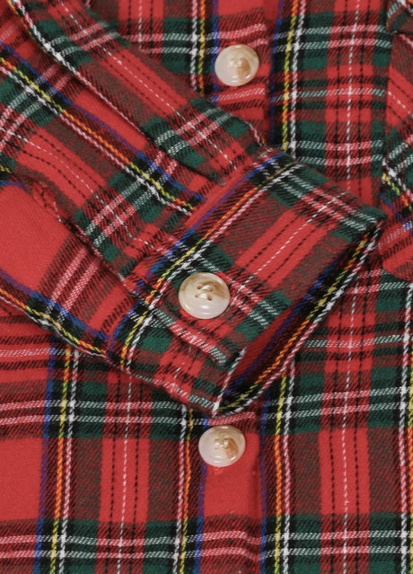 Close-up of boys christmas red flannel jacket cuffs with buttons