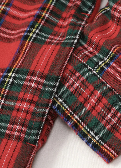 Close-up of boys christmas red flannel plaid jacket with cozy pocket