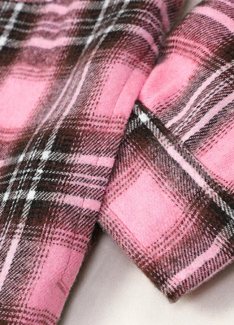 Close-up of kids dawn blush flannel plaid jacket with side pocket