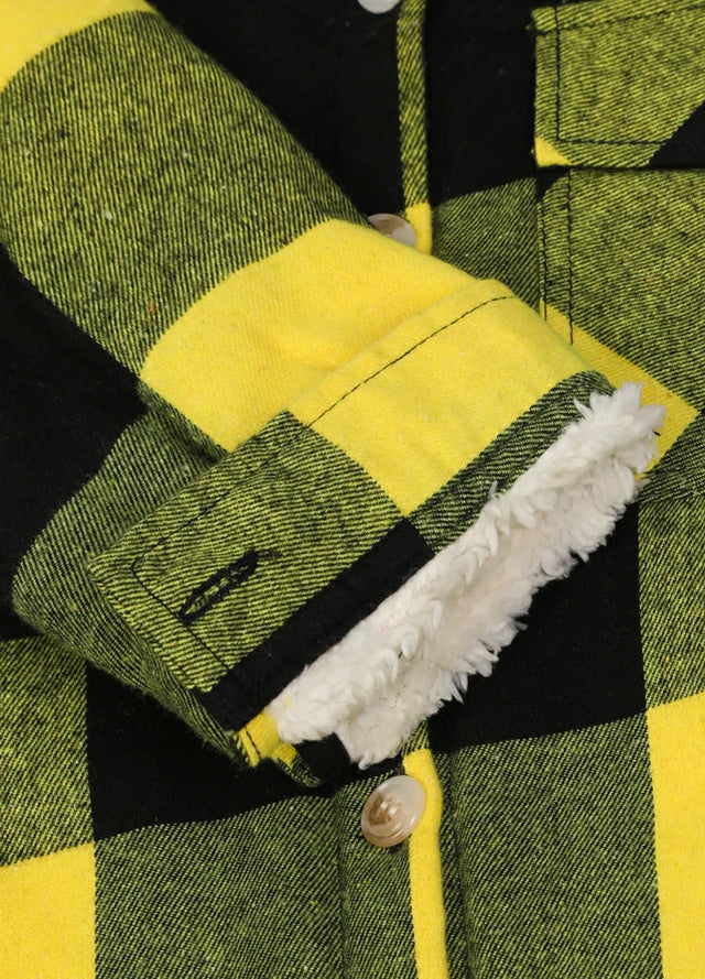 Close-up of the interior cuffs of boys yellow black flannel jacket