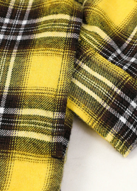 Close-up of kids autumn grid flannel jacket plaid hand pocket