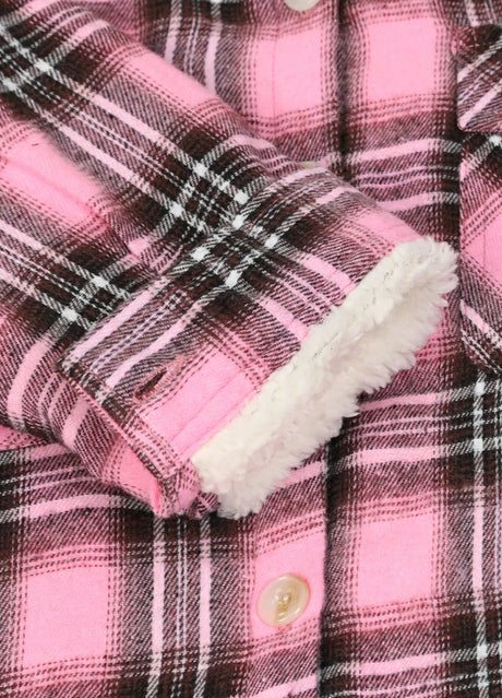 Close-up of the interior cuffs of kids dawn blush flannel plaid jacket