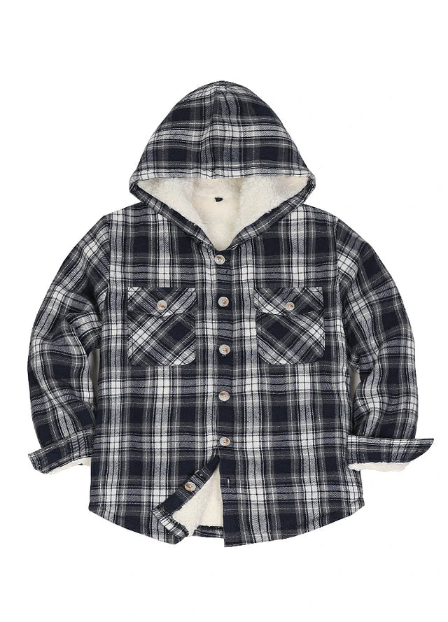 Front view of boys navy grey flannel jacket with hood