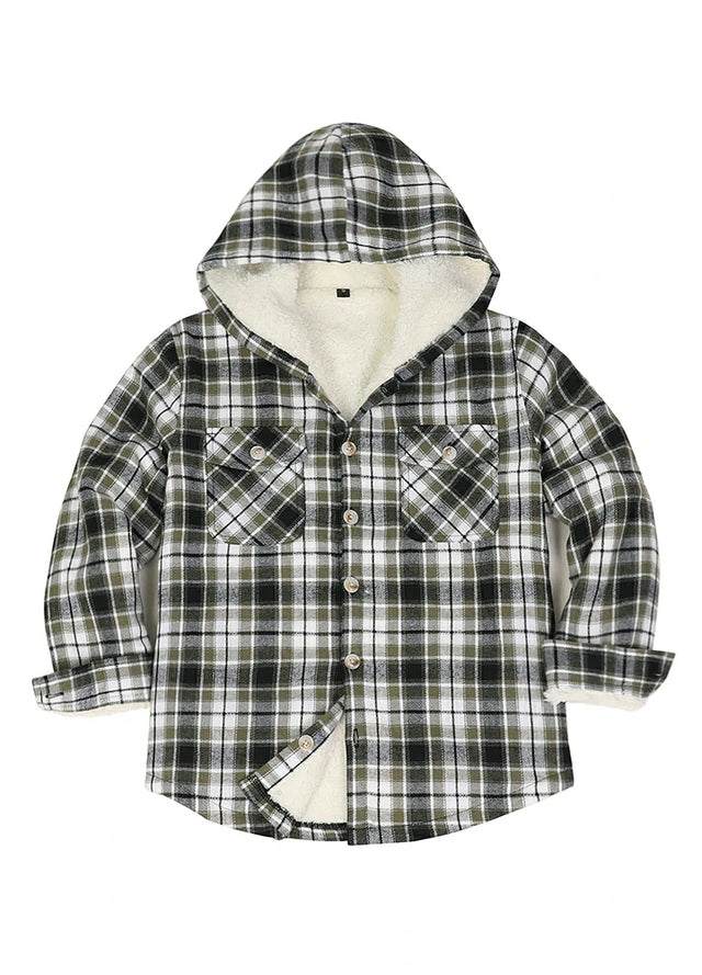 Front view of boys noir green flannel jacket with hood