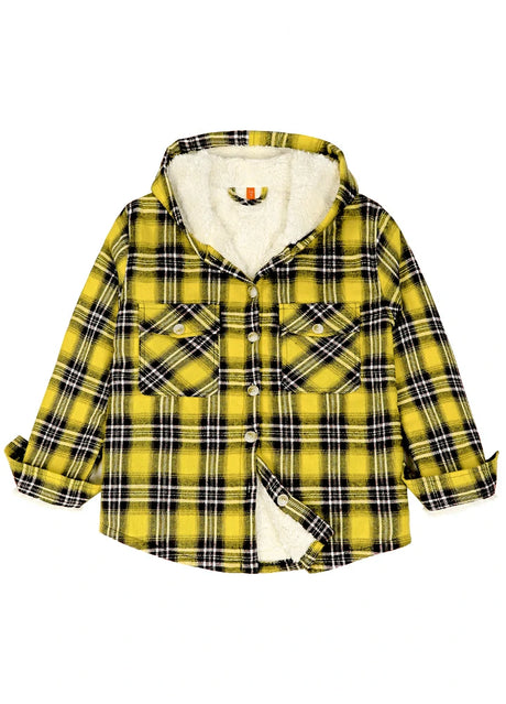 Front view of kids plaid flannel jacket for cold weather