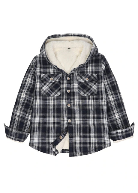 Front view of boys navy grey flannel jacket