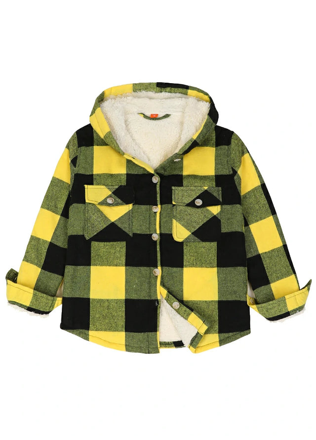 Front view of boys yellow black flannel jacket