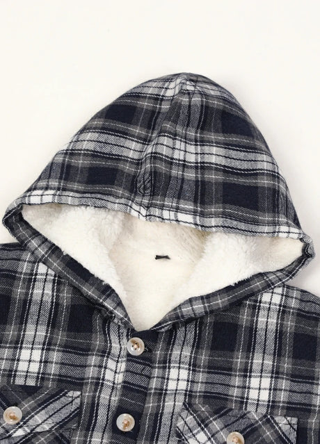 Detailed view of boys navy grey flannel jacket with hood