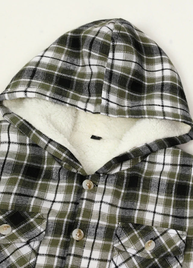 Detail of boys noir green flannel jacket with hood