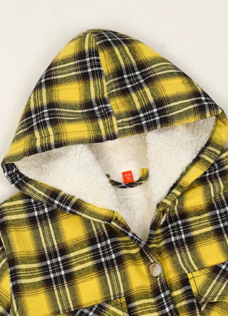 Detailed view of kids autumn grid flannel jacket with hood