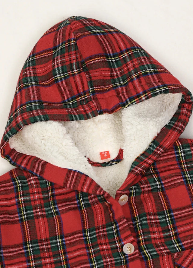 Detail of boys christmas red flannel jacket with hood