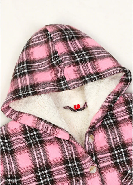 Detailed view of kids dawn blush flannel jacket with hood