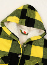 Detail view of boys yellow black flannel jacket with hood