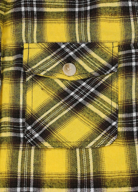 Detail of kids autumn grid flannel jacket pocket with button