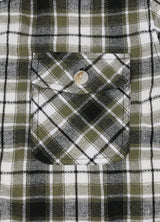 Detail of boys noir green flannel jacket pocket with button