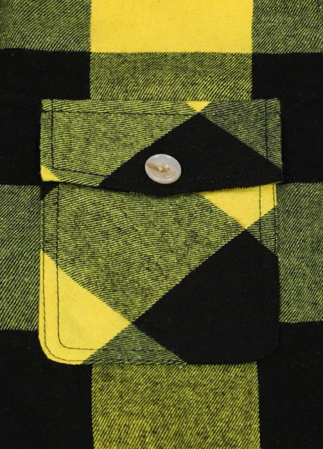 Close-up of boys yellow black flannel jacket pocket with button