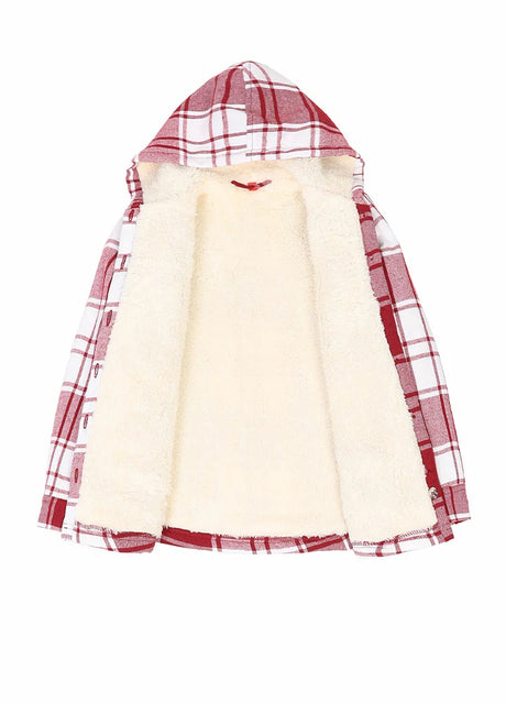 Detailed view of sherpa lining on girls red flannel jacket