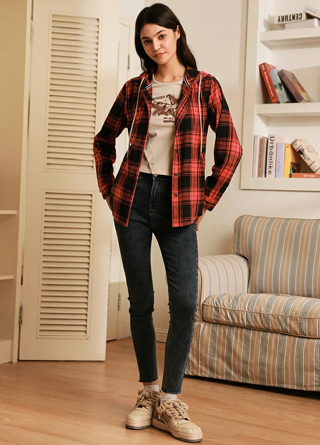 Women's Hooded Flannel Shirt Button Up Plaid Hoodie with Hand Pockets