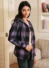 Women's Hooded Flannel Shirt Button Up Plaid Hoodie with Hand Pockets