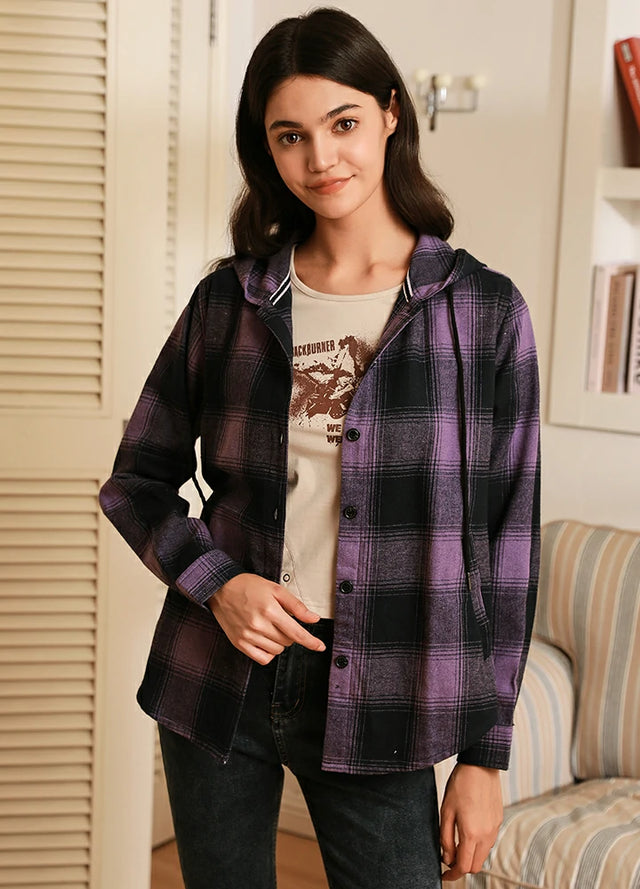 Women's Hooded Flannel Shirt Button Up Plaid Hoodie with Hand Pockets