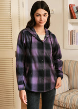 Women's Hooded Flannel Shirt Button Up Plaid Hoodie with Hand Pockets