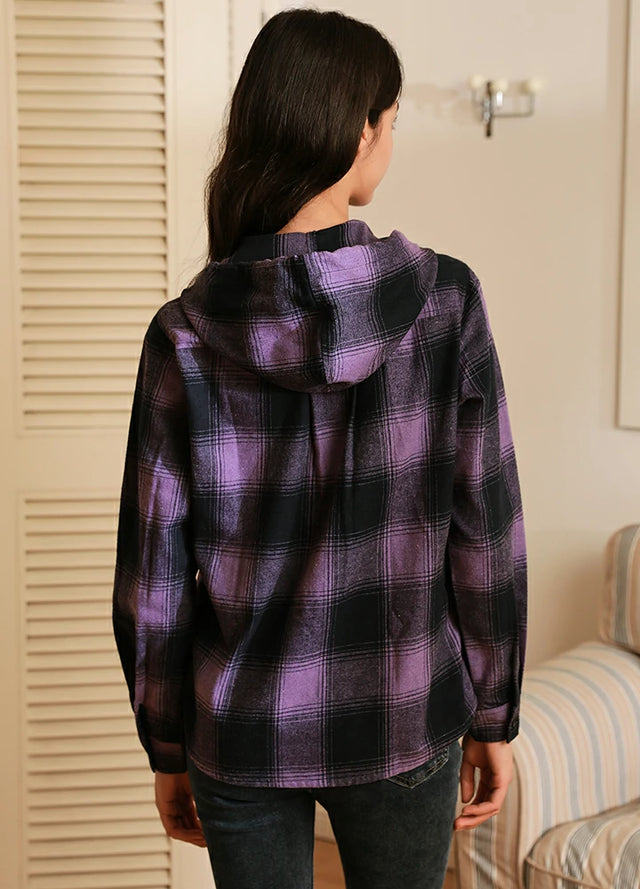 Women's Hooded Flannel Shirt Button Up Plaid Hoodie with Hand Pockets